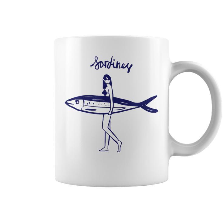 レトロな魚モチーフのガールイラスト シンプルな海風アートデザイン コーヒーマグ