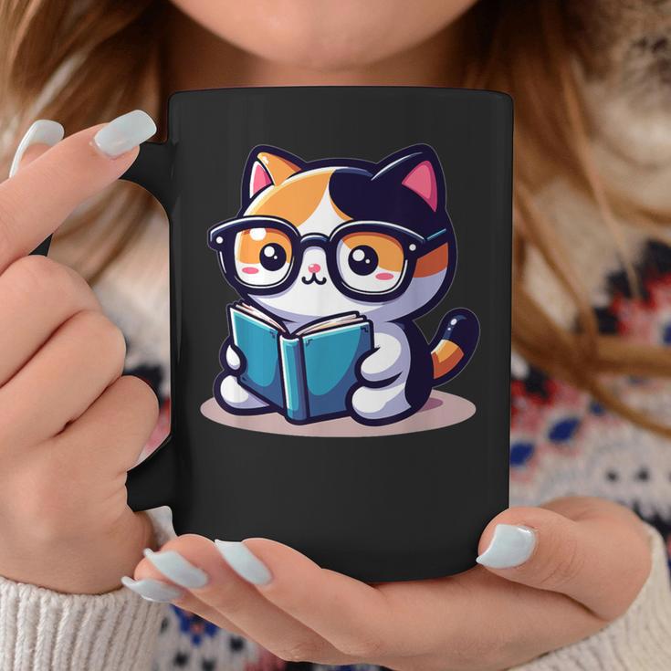 Adorable Book Lover Calico Cat With Reading Glasses Cute For Men Women Kids Graphic Print Coffee Mug Unique Gifts
