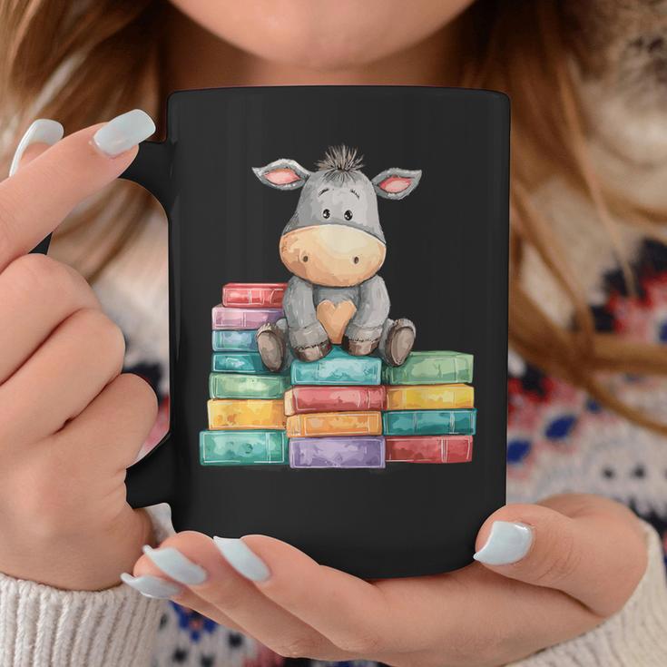 Adorable Donkey With Heart Sitting On Colorful Book Stack Graphic Print Coffee Mug Unique Gifts