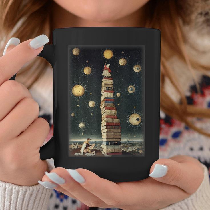 Astrologist Sitting On The Tower Of Stacked Up Books Starry Graphic Print Coffee Mug Unique Gifts Astrologist Sitting On The Tower Of Stacked Up Books Starry Graphic Print Coffee Mug Unique Gifts