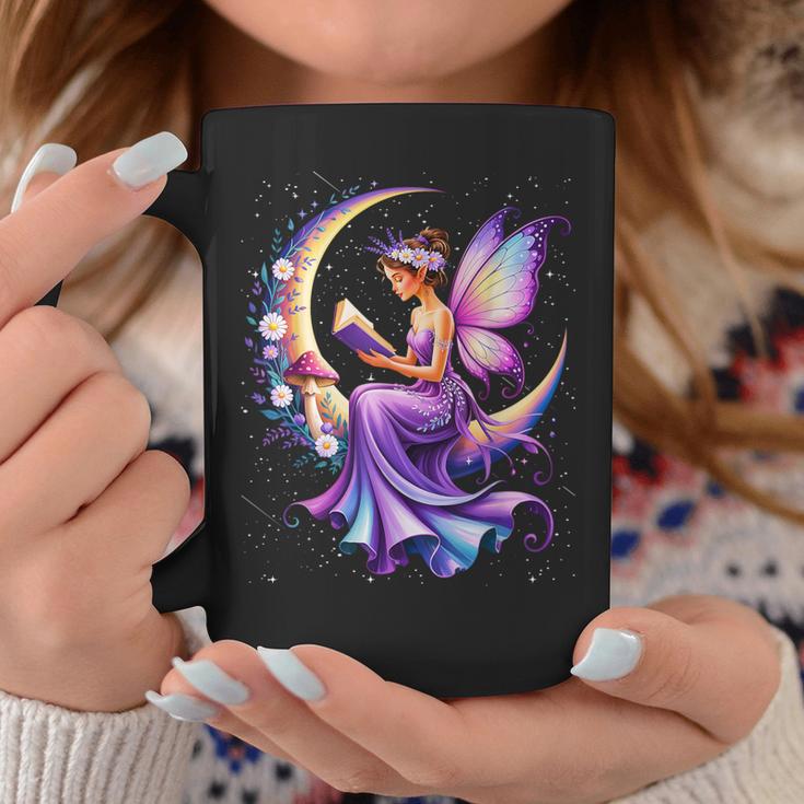 Beautiful Book Fairy Reading Crescent Moon Gothic Bookish Graphic Print Coffee Mug Unique Gifts