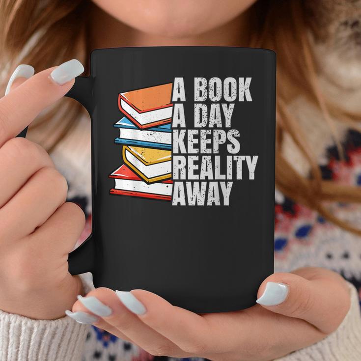 A Book A Day Keeps Reality Away Bookworm Graphic Print Coffee Mug Unique Gifts