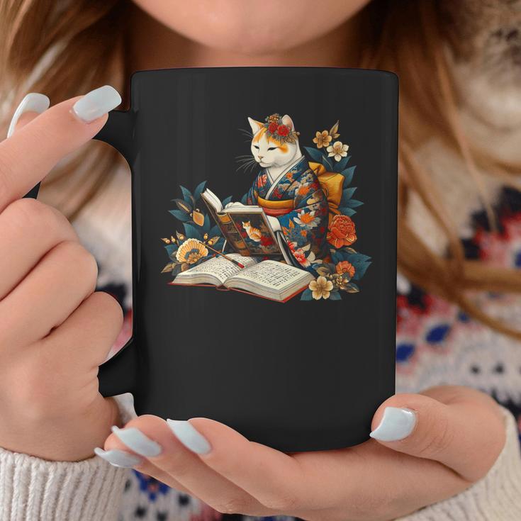 Cat Reading A Book In Traditional Japanese Clothing Kimono Graphic Print Coffee Mug Unique Gifts