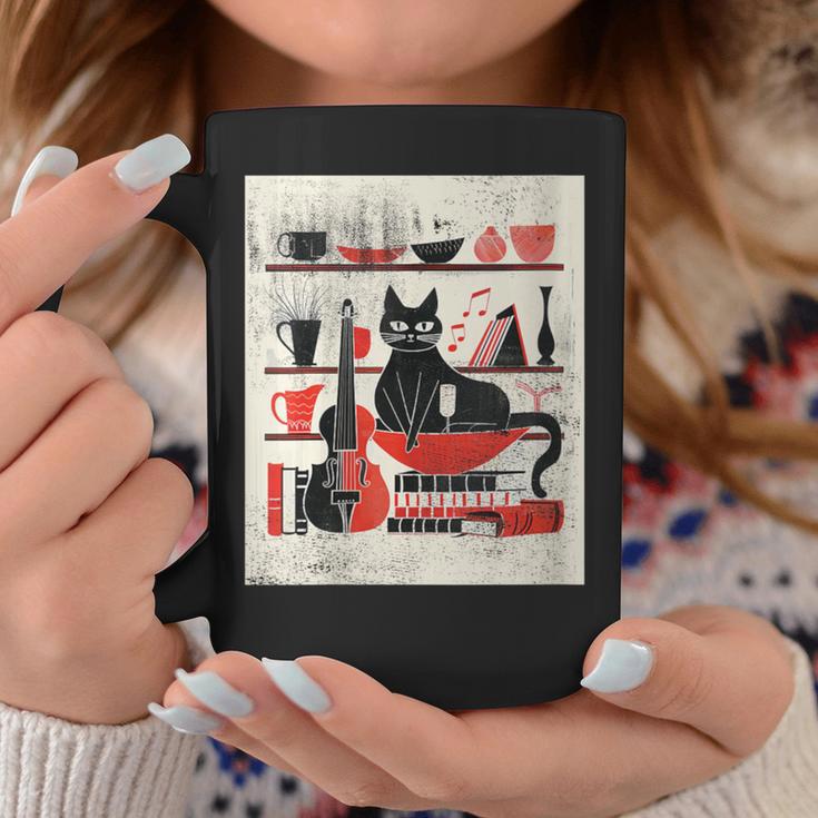 Cats Music Books Lover Essentials Red Retro Silkscreen Graphic Print Coffee Mug Unique Gifts