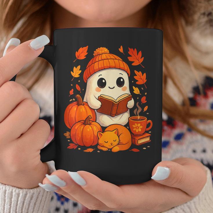 Cute Ghost Reading Book Autumn Pumpkins Cat Coffee Halloween Graphic Print Coffee Mug Unique Gifts