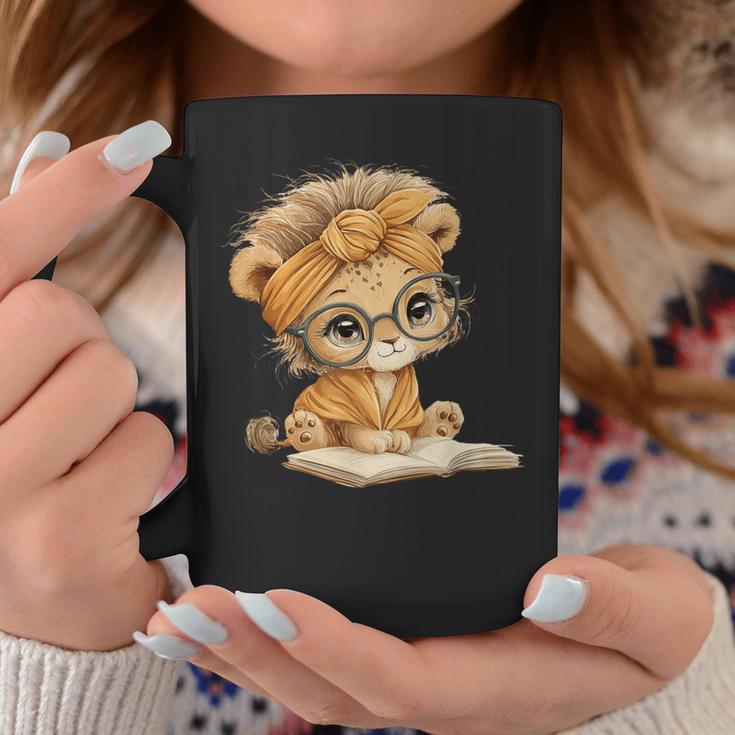 Cute Lion Cub Reading Book With Headwrap Graphic Print Coffee Mug Unique Gifts