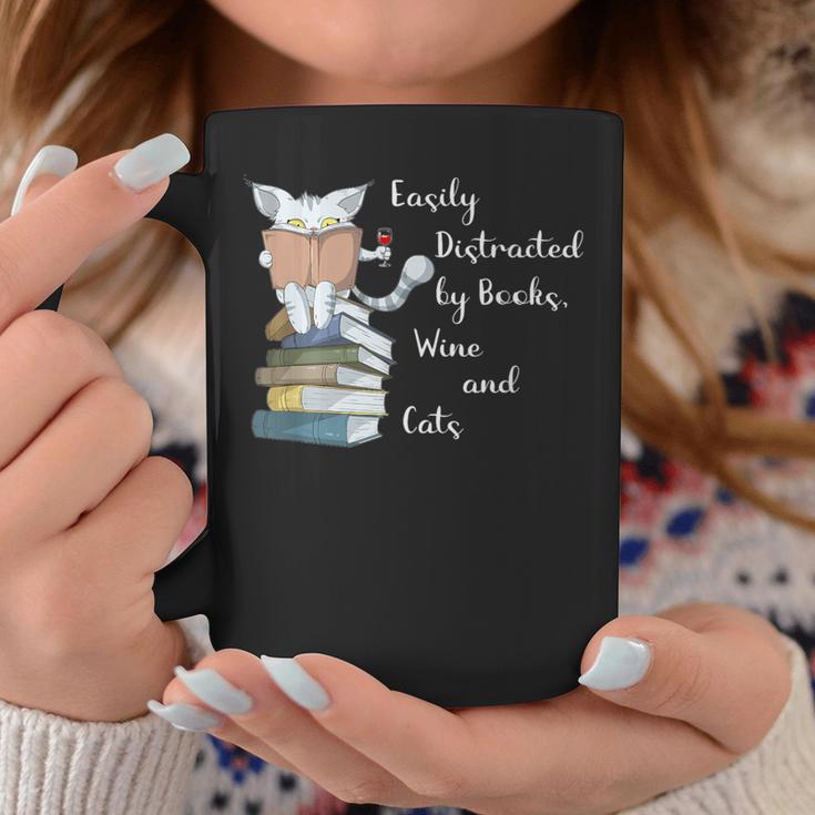 Easily Distracted By Books Wine And Cats Lover Graphic Print Coffee Mug Unique Gifts