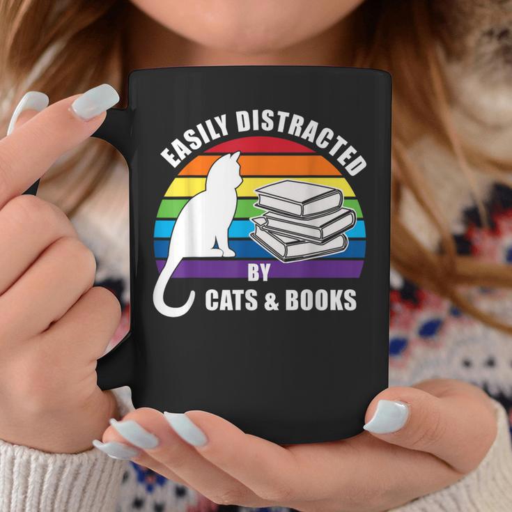 Easily Distracted By Cats And Books – Retro Sunset Rainbow Graphic Print Coffee Mug Unique Gifts