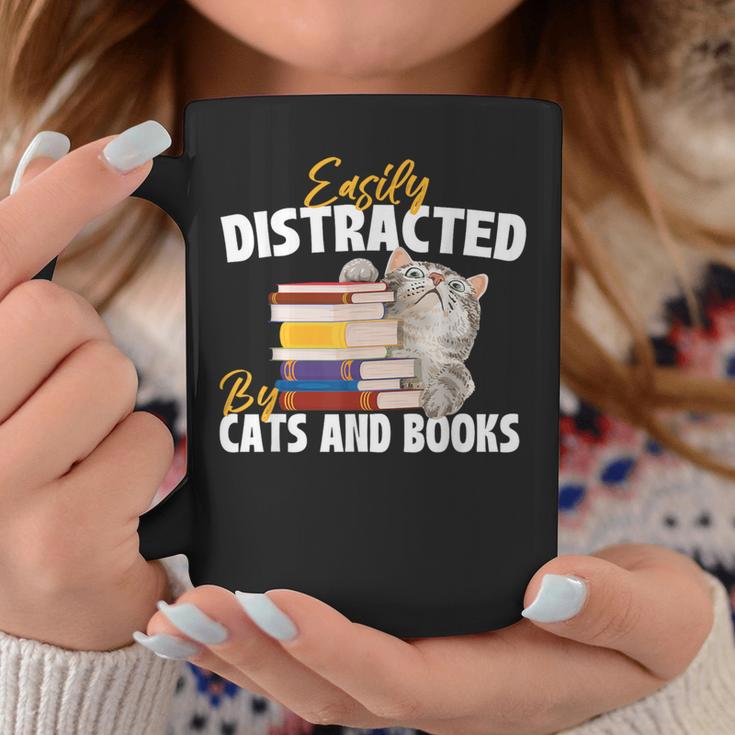Easily Distracted By Cats And Books Bookworm Pet Lover Graphic Print Coffee Mug Unique Gifts