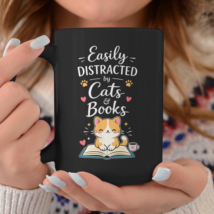 Easily Distracted By Cats And Books Cat & Book Lover Graphic Print Coffee Mug Unique Gifts