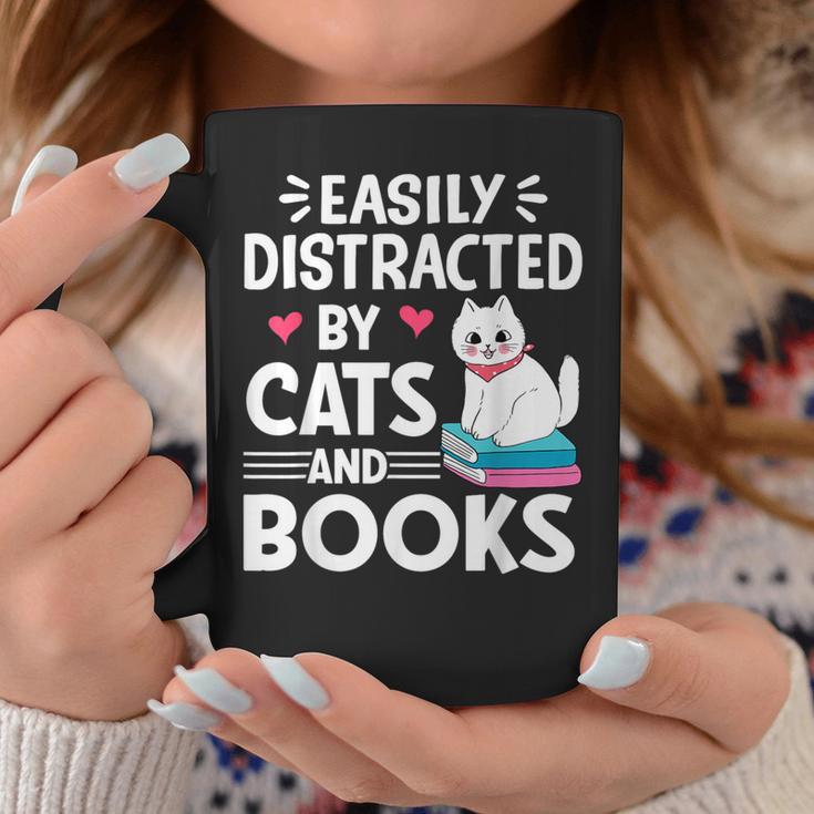 Easily Distracted By Cats And Books Cute Cat And Book Lovers Graphic Print Coffee Mug Unique Gifts