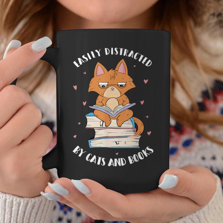 Easily Distracted By Cats And Books Shirts Book Lover Graphic Print Coffee Mug Unique Gifts