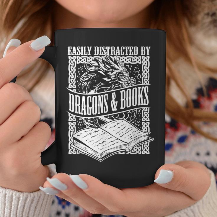 Easily Distracted By Dragons & Books Artwork Graphic Print Coffee Mug Unique Gifts