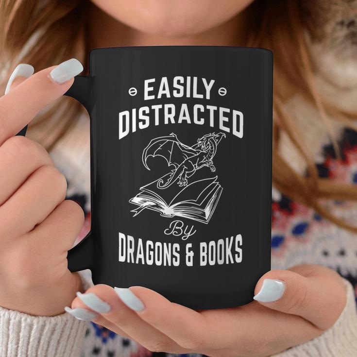 Easily Distracted By Dragons & Books Book Lover Graphic Print Coffee Mug Unique Gifts