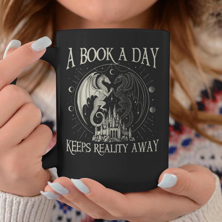 Fantasy Book Club Dragon Reader Book A Day Keep Reality Away Graphic Print Coffee Mug Unique Gifts