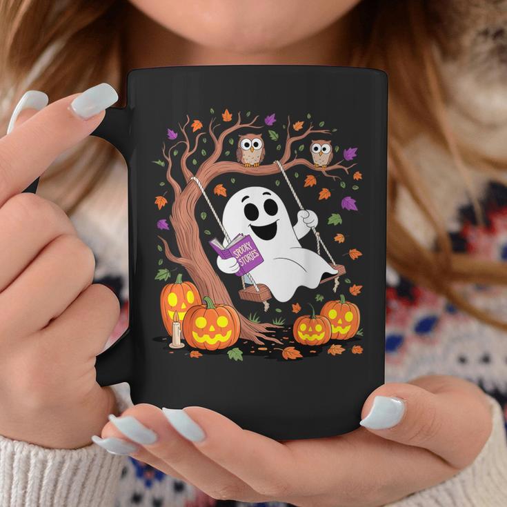 Ghost Reading Book On Swing Halloween Autumn Art Graphic Print Coffee Mug Unique Gifts
