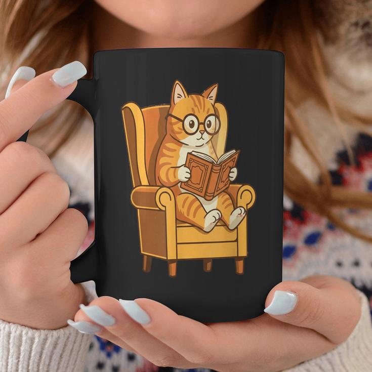 Ginger Tabby Cat Reading Book Glasses Retro Illustration Graphic Print Coffee Mug Unique Gifts