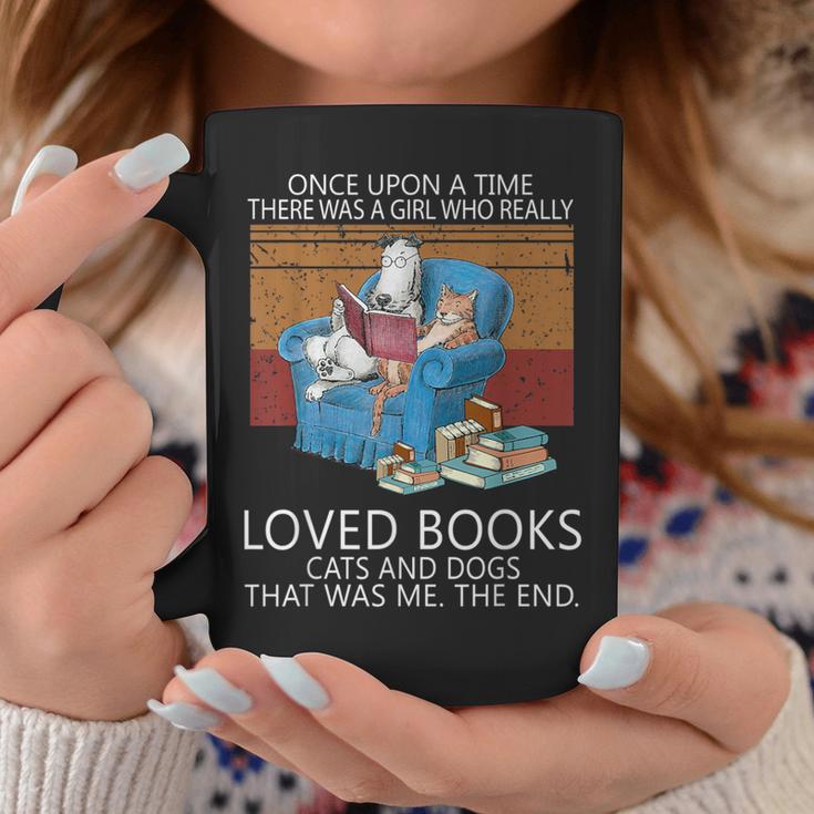 A Girl Who Loves Books Cats And Dogs Cat Book Reading Graphic Print Coffee Mug Unique Gifts