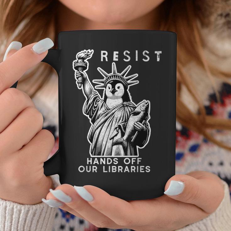 Hands Off Our Libraries Books Reading Penguin Resist Protest Graphic Print Coffee Mug Unique Gifts