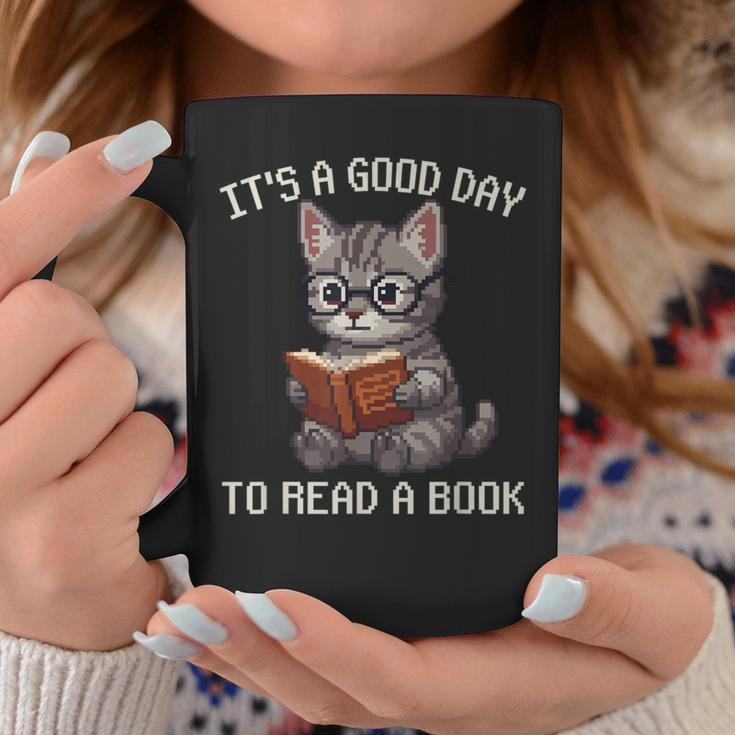 It's A Good Day To Read A Book Cat Pixel Art Graphic Print Coffee Mug Unique Gifts