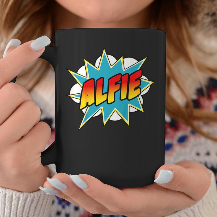 Kids Boys Alfie Name Comic Book Superhero Graphic Print Coffee Mug Unique Gifts