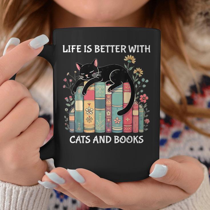 Life Is Better With Cats And Books Cute Cat Lover Graphic Print Coffee Mug Unique Gifts