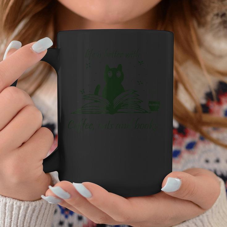 Life With Book Reading Cats And Coffee Ironic Kitty Graphic Print Coffee Mug Unique Gifts