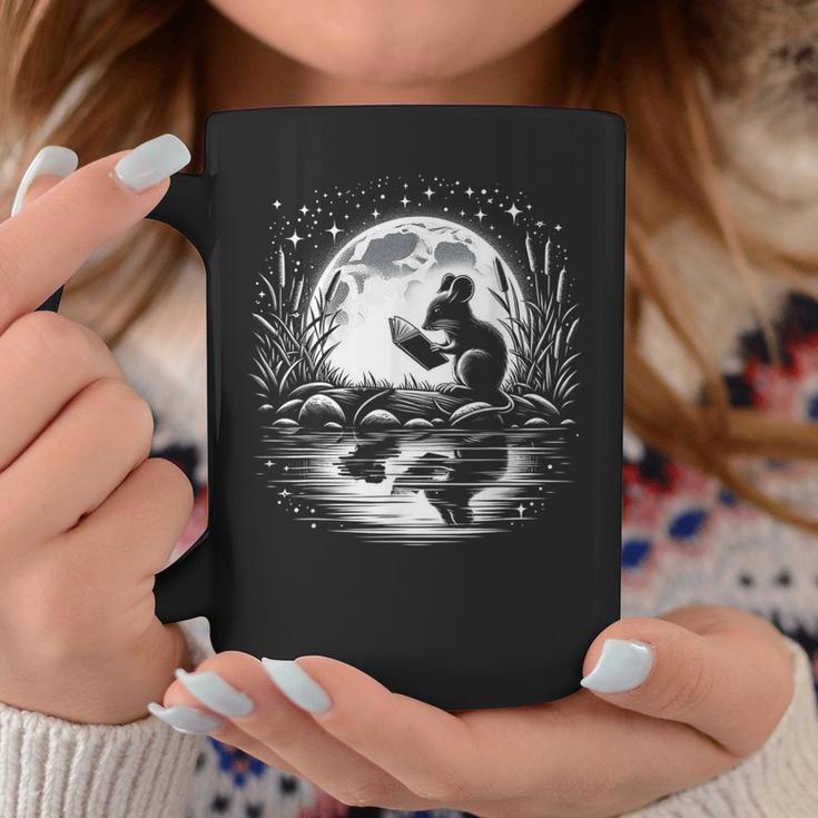 Mouse Reading Book Full Moon Lake Scenery Graphic Print Coffee Mug Unique Gifts