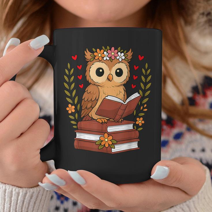 Owl Reading Book Graphic Owl With Book Floral Graphic Print Coffee Mug Unique Gifts