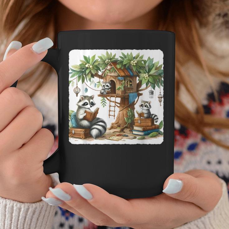 Raccoon Family Reading Around Treetop Home Books Adventure Graphic Print Coffee Mug Unique Gifts