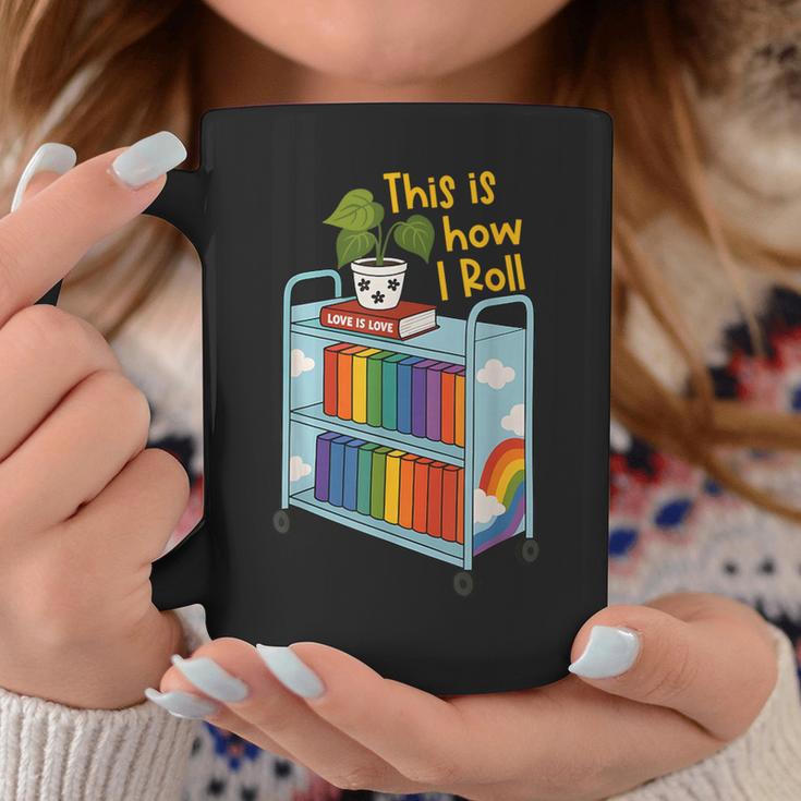 This Is How I Roll Rainbow Book Cart Queer Bookish Graphic Print Coffee Mug Unique Gifts