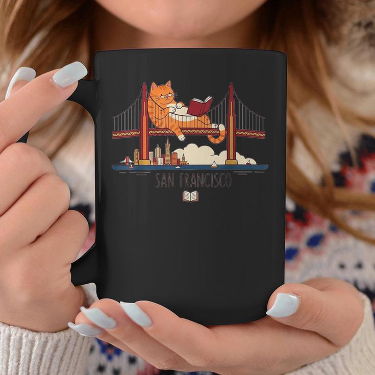 San Francisco Big Cat Reading Book Golden Gate Bridge Graphic Print Coffee Mug Unique Gifts