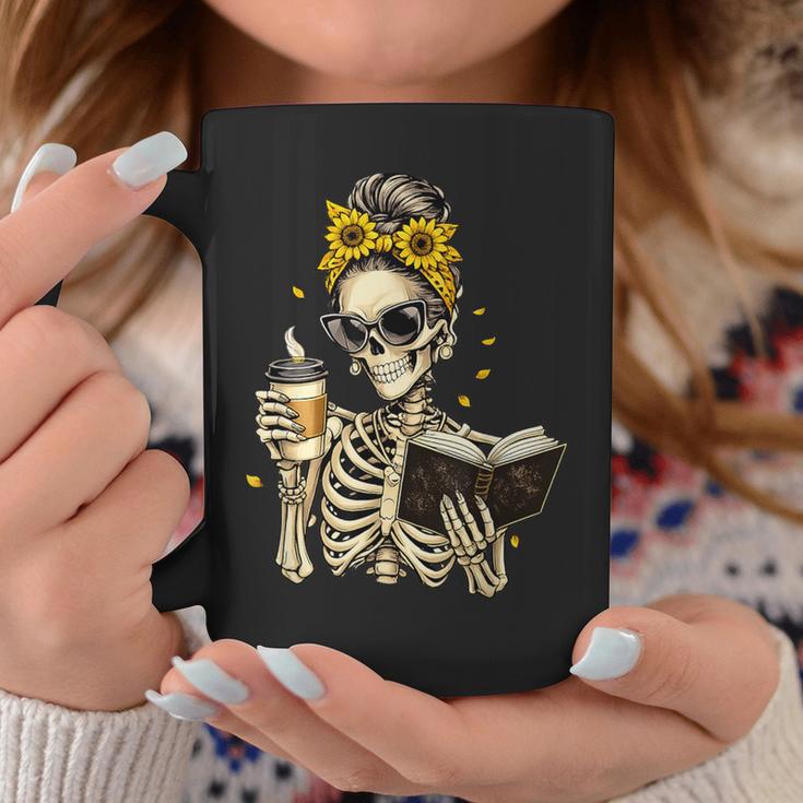 Skeleton Girl Drinking Coffee Bow Sunflower Book Lover Graphic Print Coffee Mug Unique Gifts