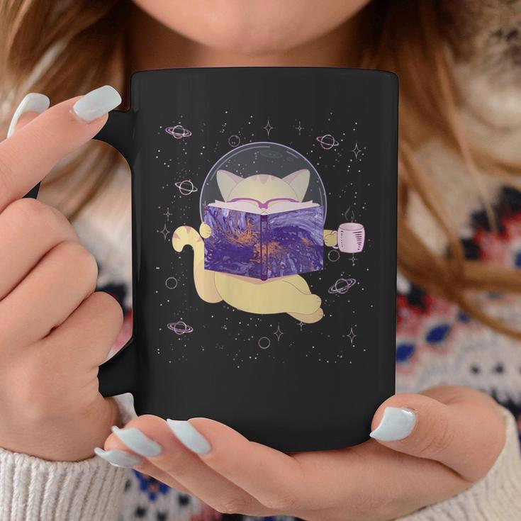 Space Cat Reading Book And Tea Space Cat Graphic Print Coffee Mug Unique Gifts