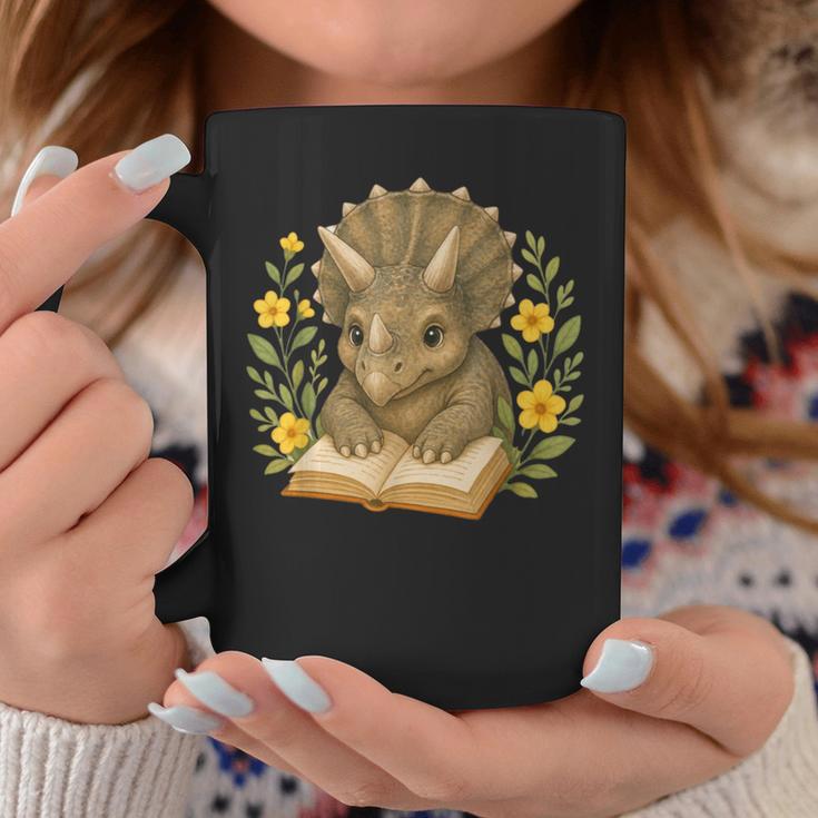 Triceratops Dinosaur Reading Book Flowers Floral Graphic Print Coffee Mug Unique Gifts