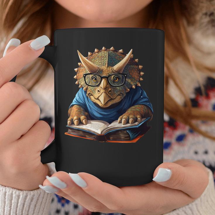Triceratops Dinosaur Reading Book Nerd Graphic Print Coffee Mug Unique Gifts