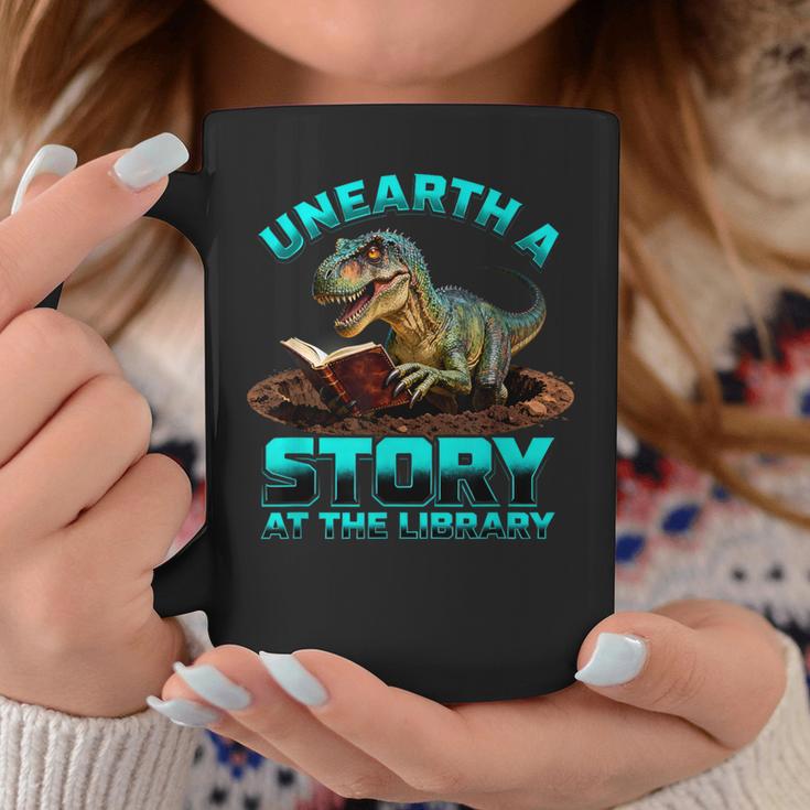 Unearth A Story At The Library Dinosaur Reading Graphic Print Coffee Mug Unique Gifts
