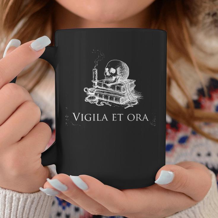 Vigila Et Ora Skull On Books Latin Graphic Print Coffee Mug Unique Gifts