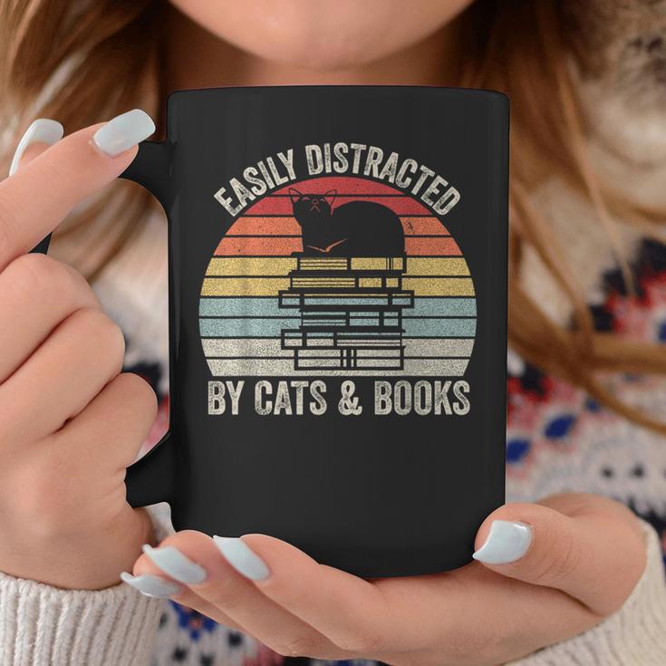 Vintage Retro Easily Distracted By Cats And Books Cat Graphic Print Coffee Mug Unique Gifts