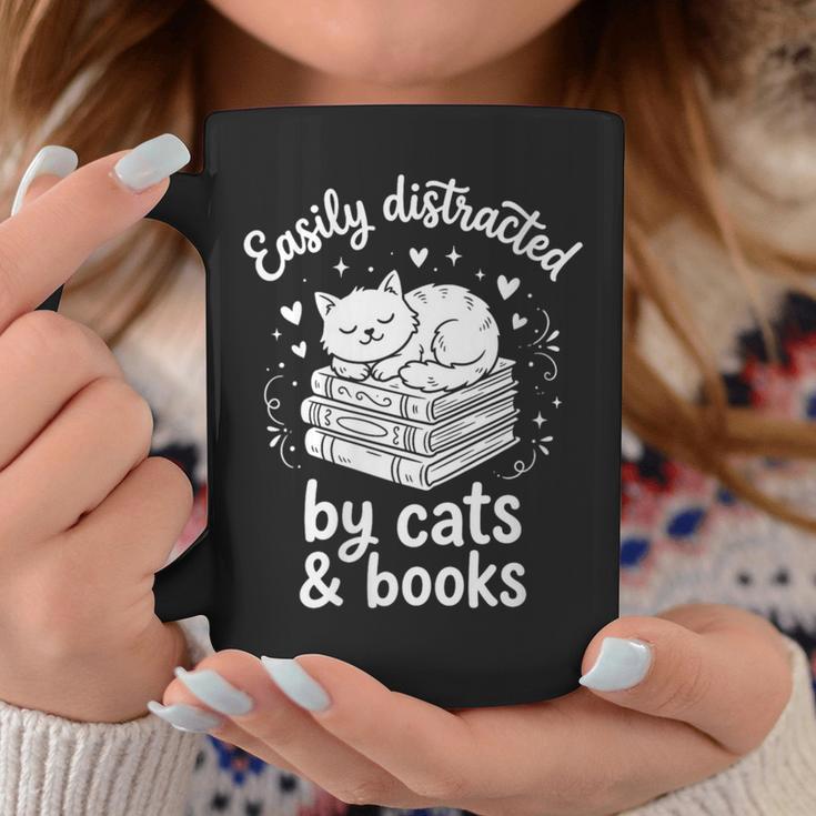 Women's Easily Distracted By Cats And Books Graphic Print Coffee Mug Unique Gifts
