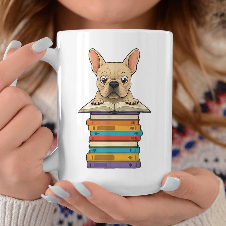 Cute French Bulldog Reading On Pile Of Books Graphic Print Coffee Mug Unique Gifts