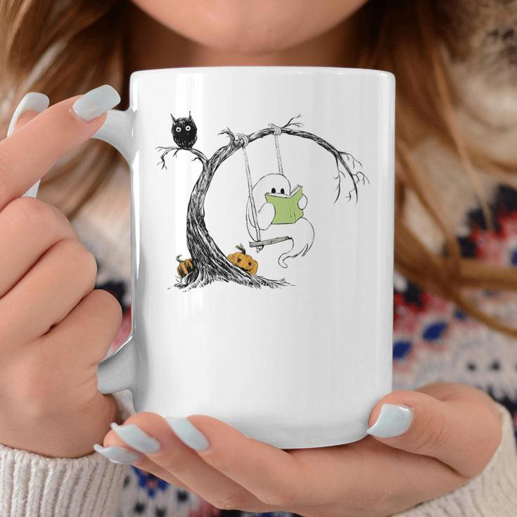 Cute Ghost Costume Reading Book Halloween Graphic Print Coffee Mug Unique Gifts
