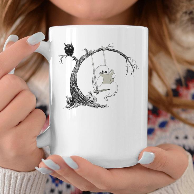 Cute Ghost Swinging Reading Book Halloween Ghost Costume Graphic Print Coffee Mug Unique Gifts