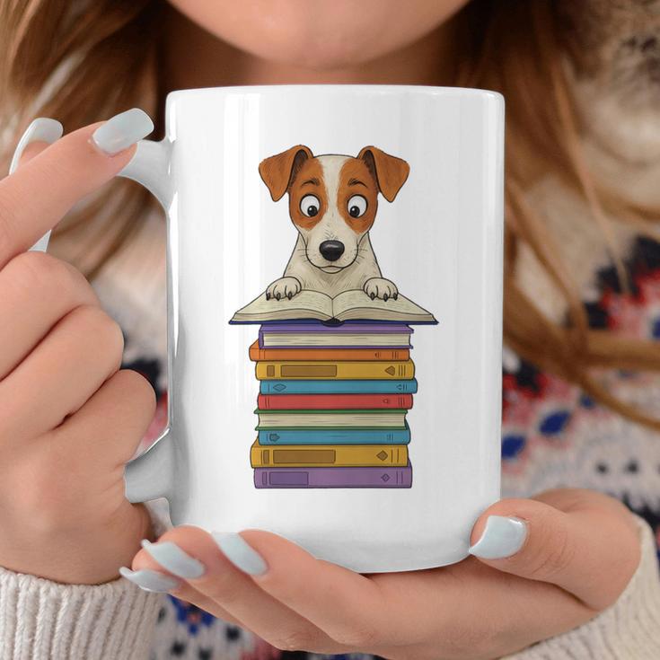 Cute Jack Russel Dog Reading On Pile Of Books Premium Tri-Blend Graphic Print Coffee Mug Unique Gifts