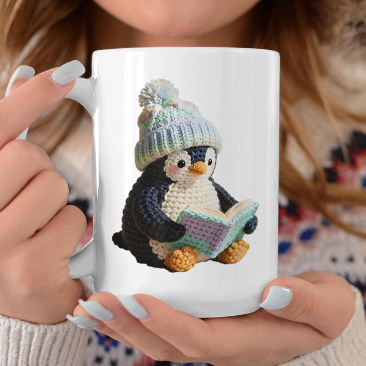 Cute Penguin Reading Book Faux-Crochet Print Graphic Print Coffee Mug Unique Gifts