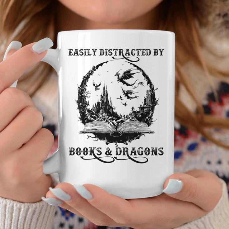 Easily Distracted By Books & Dragons Librarian Book Lover Graphic Print Coffee Mug Unique Gifts
