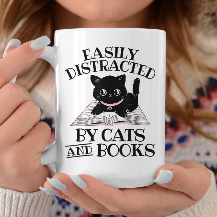 Easily Distracted By Cats And Books Cat Book Lover Graphic Print Coffee Mug Unique Gifts