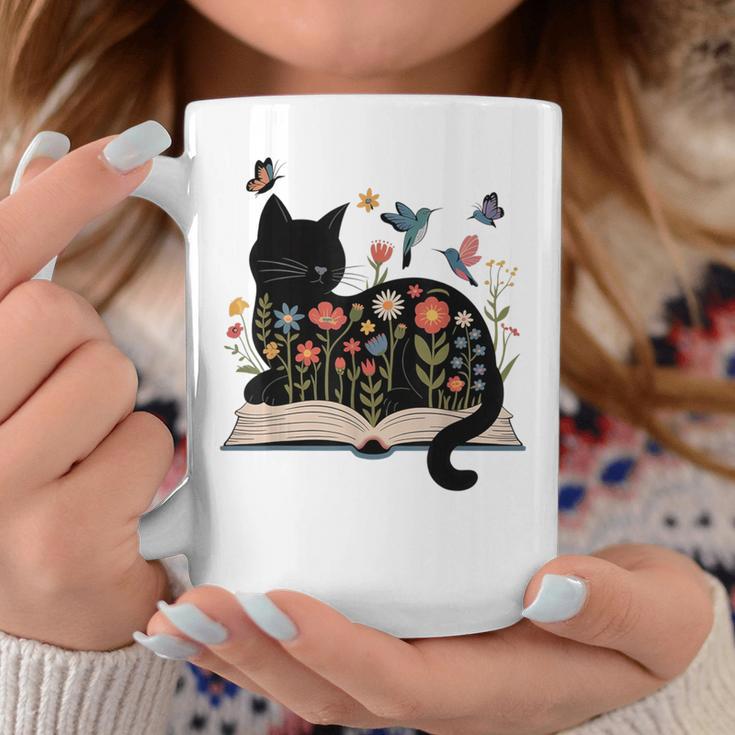 Floral Cat Reading Book Kitten Illustration Graphic Print Coffee Mug Unique Gifts