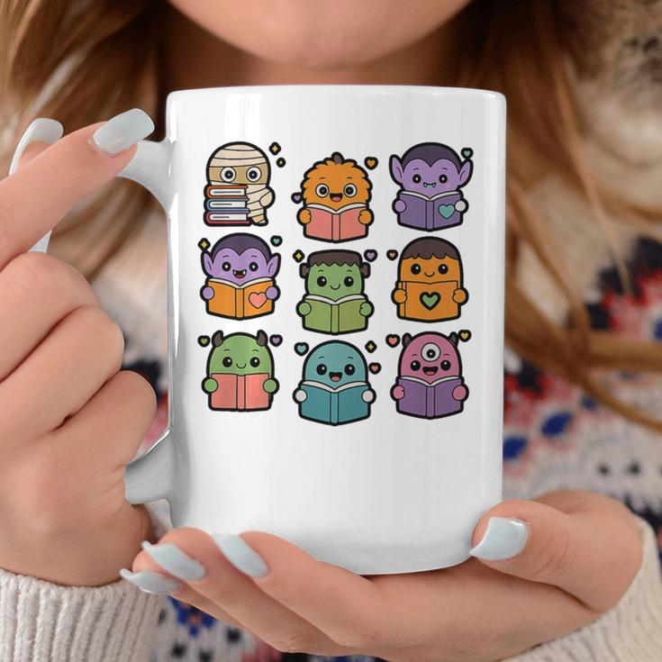Halloween Monsters Reading Books Pattern Spooky Kawaii Anime Premium Tri-Blend Graphic Print Coffee Mug Unique Gifts