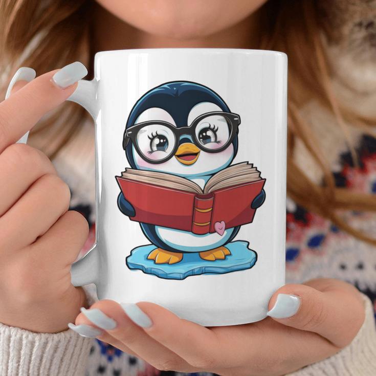 Kawaii Penguin In Cartoon Style With Book And Glasses Graphic Print Coffee Mug Unique Gifts